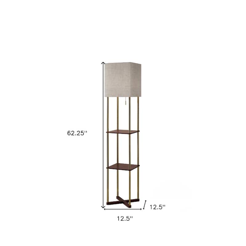 Brass Metal Column Floor Lamp with Gray Fabric Shade and USB Port 62 Inch - 12.5” x 12.5” x 62.25” (D x W x H)