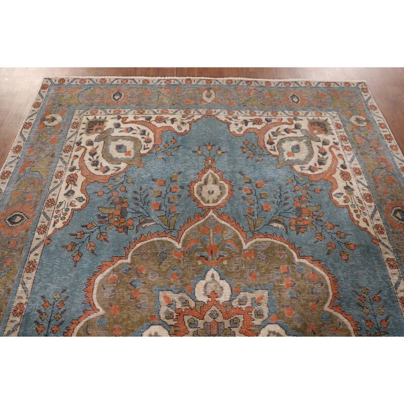 Over-Dyed Blue Tabriz Vintage Area Rug Handmade Wool Carpet - 6'5" x 9'5"