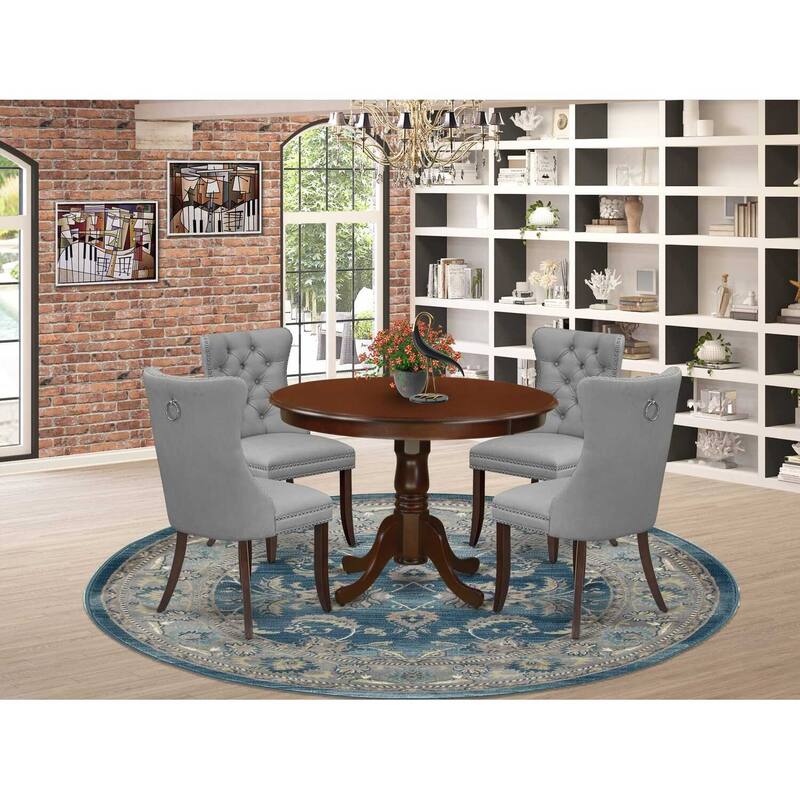 5 Piece Kitchen Table Set with Pedestal Table & Upholstered Chairs - Mahogany Finish
