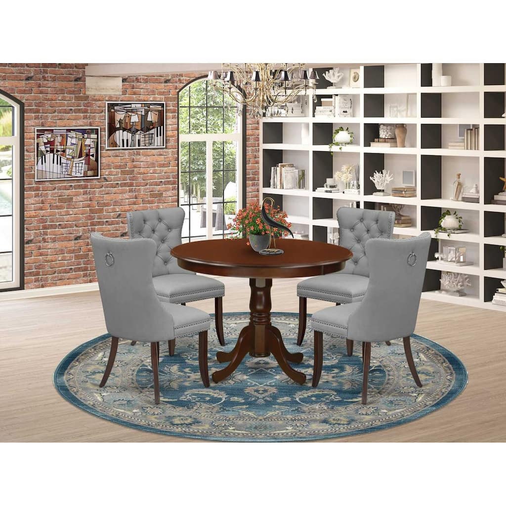5 Piece Kitchen Table Set with Pedestal Table & Upholstered Chairs - Mahogany Finish