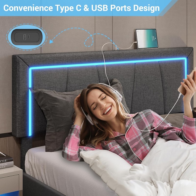 Bed Frame with 4 Storage Drawers1 USB /Type-C Charging Station