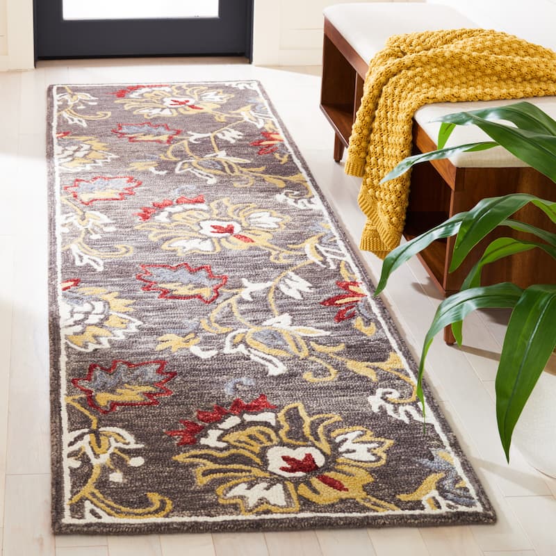 SAFAVIEH Handmade Blossom Anda Wool Rug - 2'3" x 8' Runner - Dark Grey/Yellow