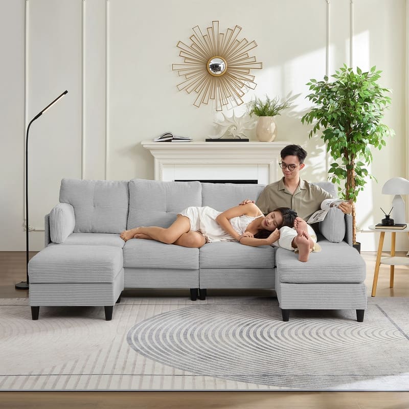 Mixoy W89inch U-Shaped Corduroy Sectional Sofa with Reversible Ottoman,Upholstered 4-Seater Sofa