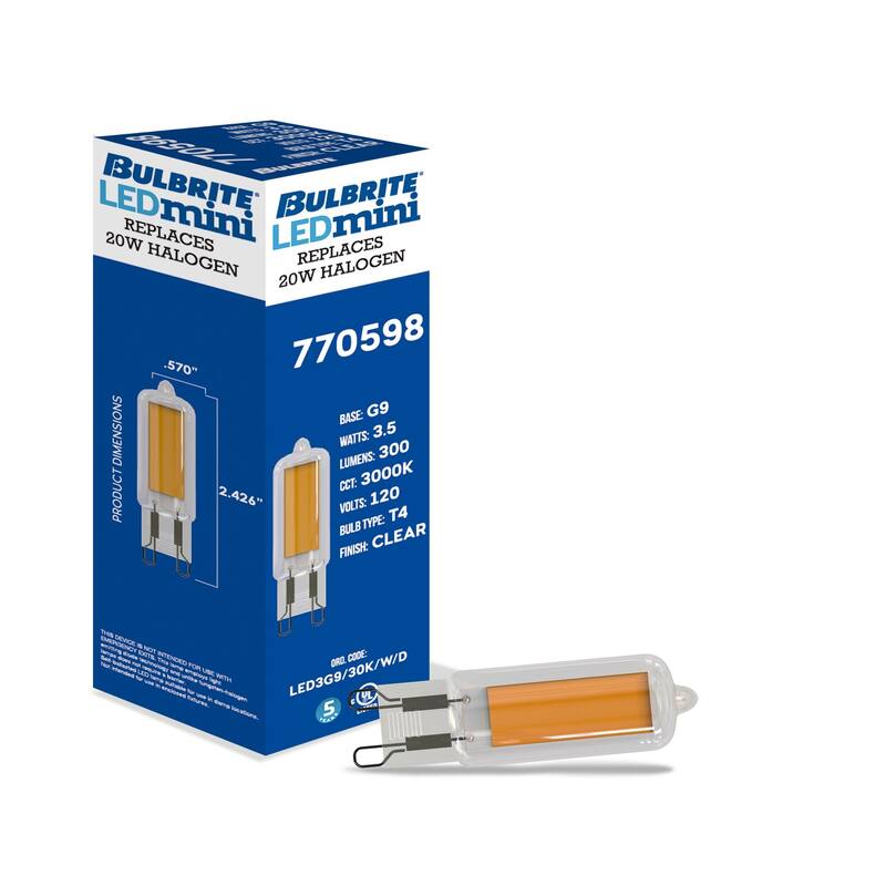 Bulbrite LED Filament Pack of (4) 3.5 Watt Mini T4 Light Bulbs with Clear Finish and Bi-Pin (G9) Base - Soft White Light