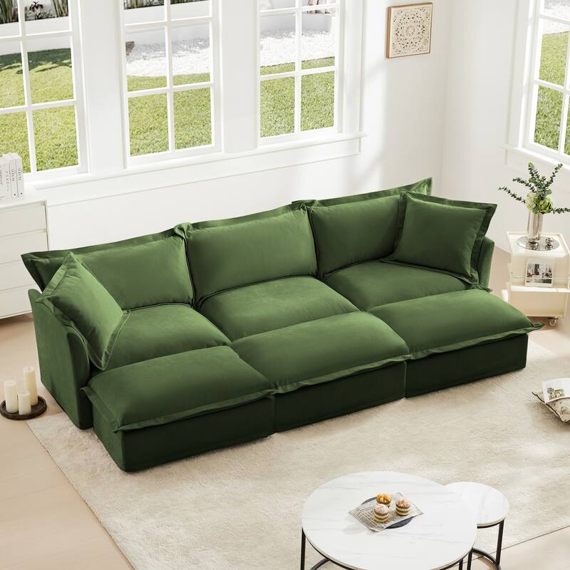 Living Room Chenille Slipcovered 3-Seater Sofa Sofa with 3 Ottomans - Green