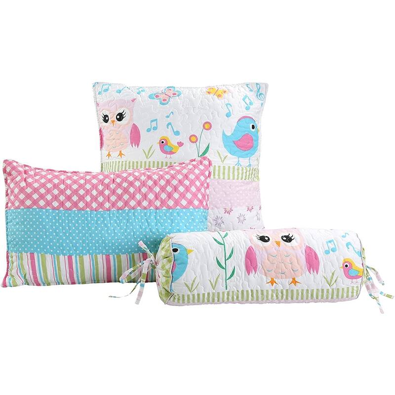 Cozy Line Spring Time Birds Owl Floral Pink Quilt Bedding Set with Throw Pillows