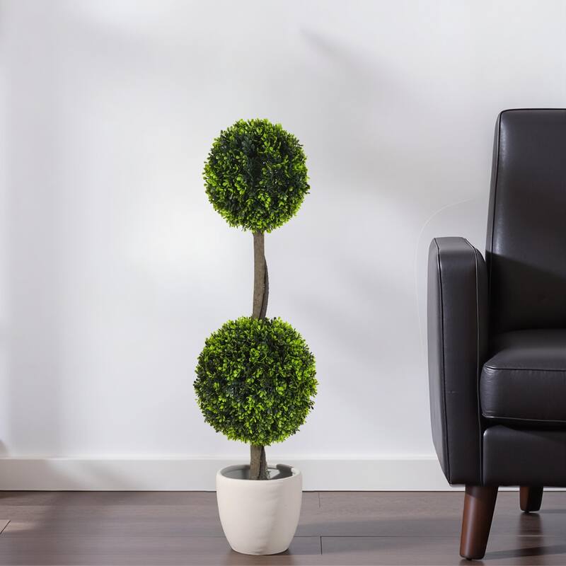 34" Artificial Topiary Boxwood Tree Double Ball with Black Plastic Pot, Set of 2