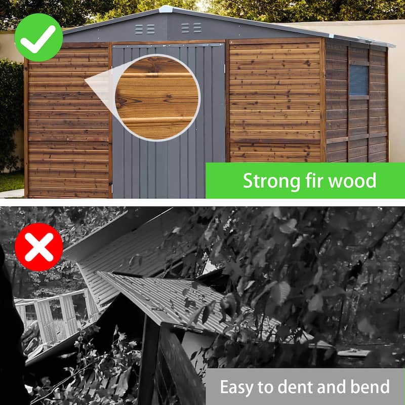 8x10 FT Wood and Metal Storage Shed, Cedar Outdoor Garden Shed with Iron Roof, Double Doors, Windows and Vents