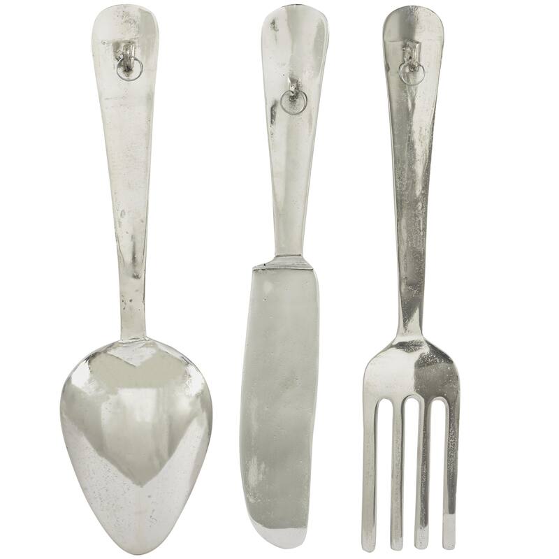 Aluminum Metal Utensils Knife, Spoon and Fork Home Wall Decor - Set of 3 Silver or Gold - Roche River Decor