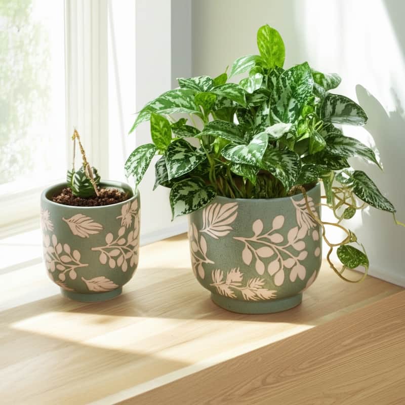 Ceramic Planter with Hand Painted Leaves Design - Set of 2, 6", 8" - 8.0"
