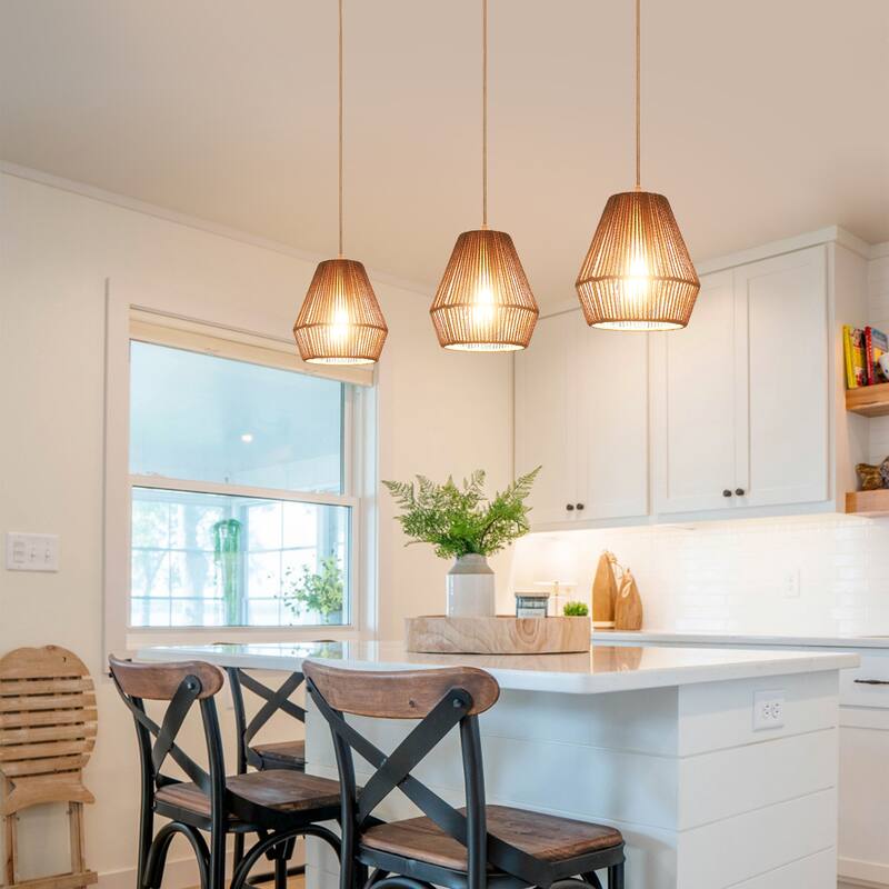(Set of 3)1-Light Paper Rope Shaded Pendant Lights for Kitchen ，Set of Lghting Fixtures, Farmhouse Semi Flush Mount Chandelier