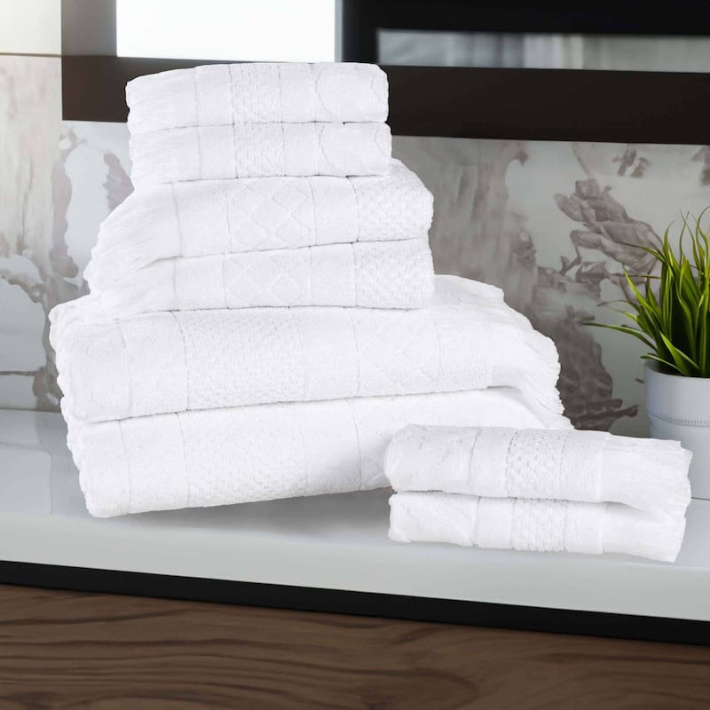 Superior Rolla Cotton Geometric Jacquard Plush Soft 8 Piece Towel Set - White