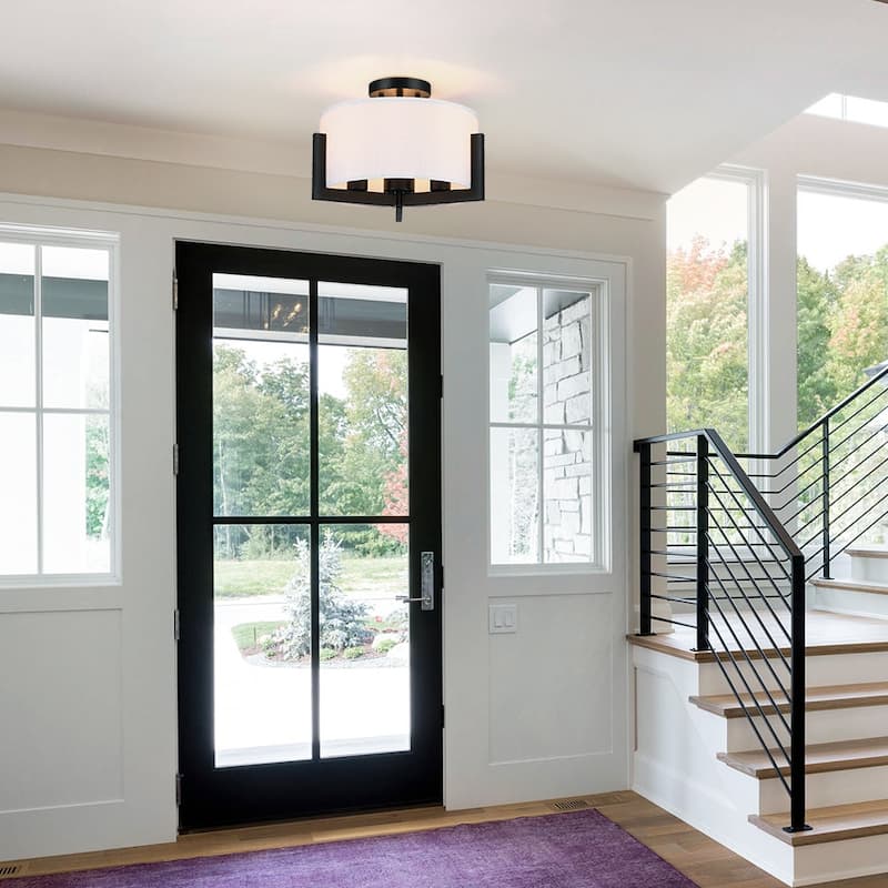 14 in. 3-Light Matte Black Semi-Flush Mount Ceiling Light with Drum Shade - 14"W