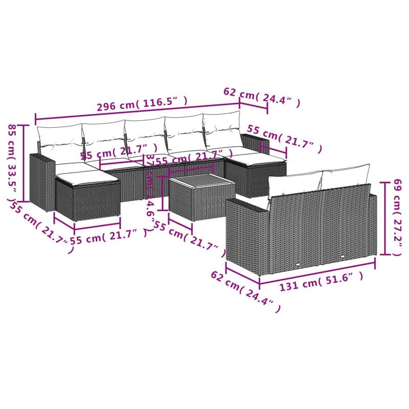 vidaXL Patio Sofa Set with Cushions Outdoor Furniture 10 Piece Poly Rattan - 21.7 x 21.7 x 14.6