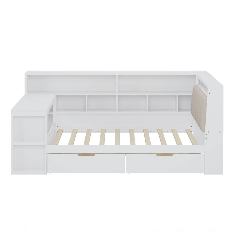 Twin Size Wooden Daybed with Desk and Storage Bookcase, Corner Bed with Headboard and Under-bed Drawers and LED Light