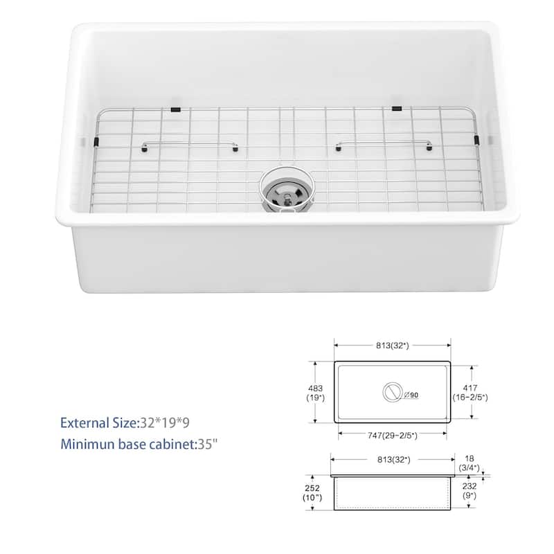 32" Undermount Single Bowl Ceramic Kitchen Sink - 32 x 19