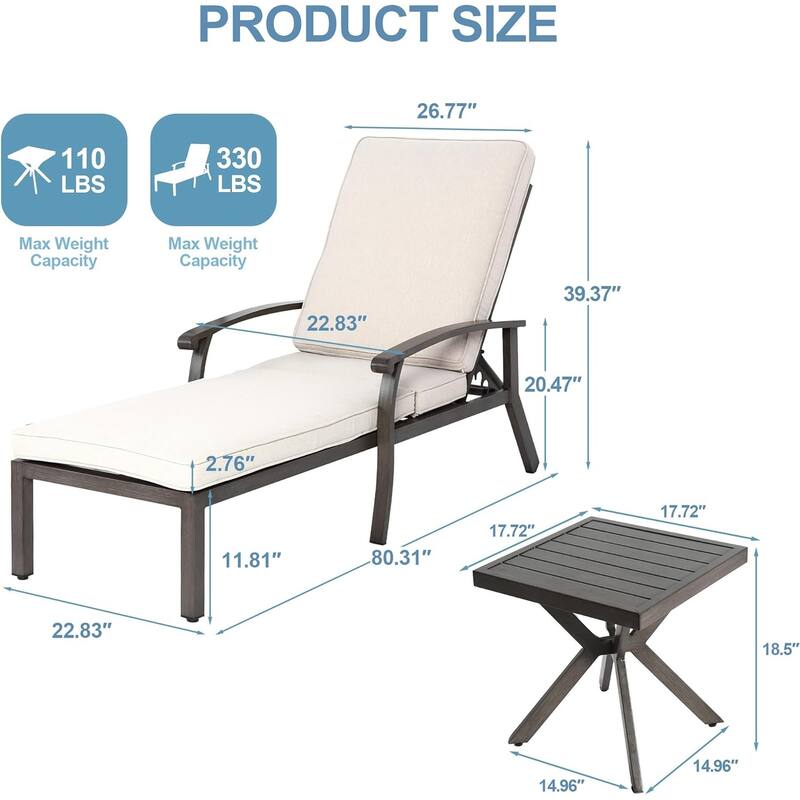 HOMEFUN 3-Piece Outdoor Aluminum Reclining Chaise Lounge (set of 2)with Table and Cushions