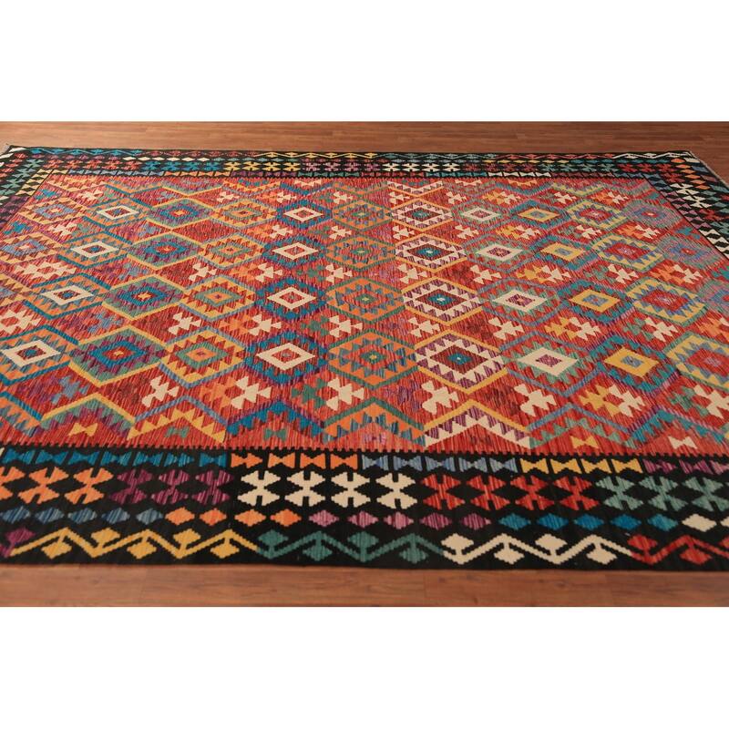 Geometric Kilim Area Rug Hand-Woven Oriental Wool Carpet - 8'5"x 11'4"