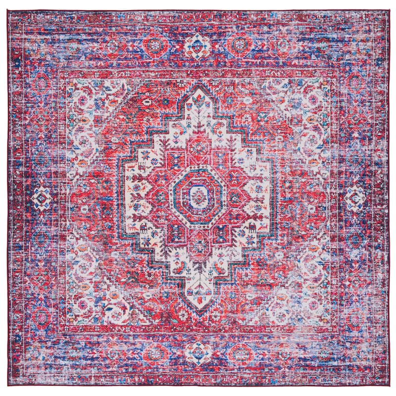 SAFAVIEH Tucson Machine Washable Slip Resistant Hildetraud Oriental Medallion - 6' x 6' Square - Red/Blue - Square
