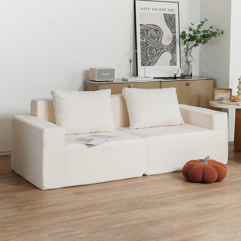 Sofa Couch with Two Pillows for Home Office, Square Armrest Upholstered Accent Sofa, Living Room 2 Seater Couch - Ameican White Oak