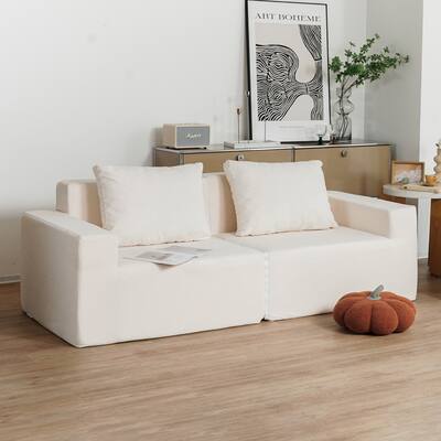 Sofa Couch with Two Pillows for Home Office, Square Armrest Upholstered Accent Sofa, Living Room 2 Seater Couch
