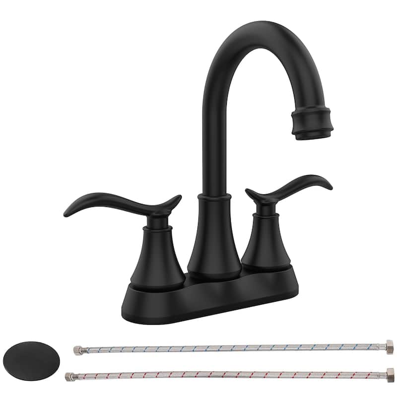 Bathroom Faucet with Pop-up Drain & Supply Hoses 2-Handle 360 Degree High Arc Swivel Spout Centerset 4 Inch Vanity Sink Faucet - Matt Black