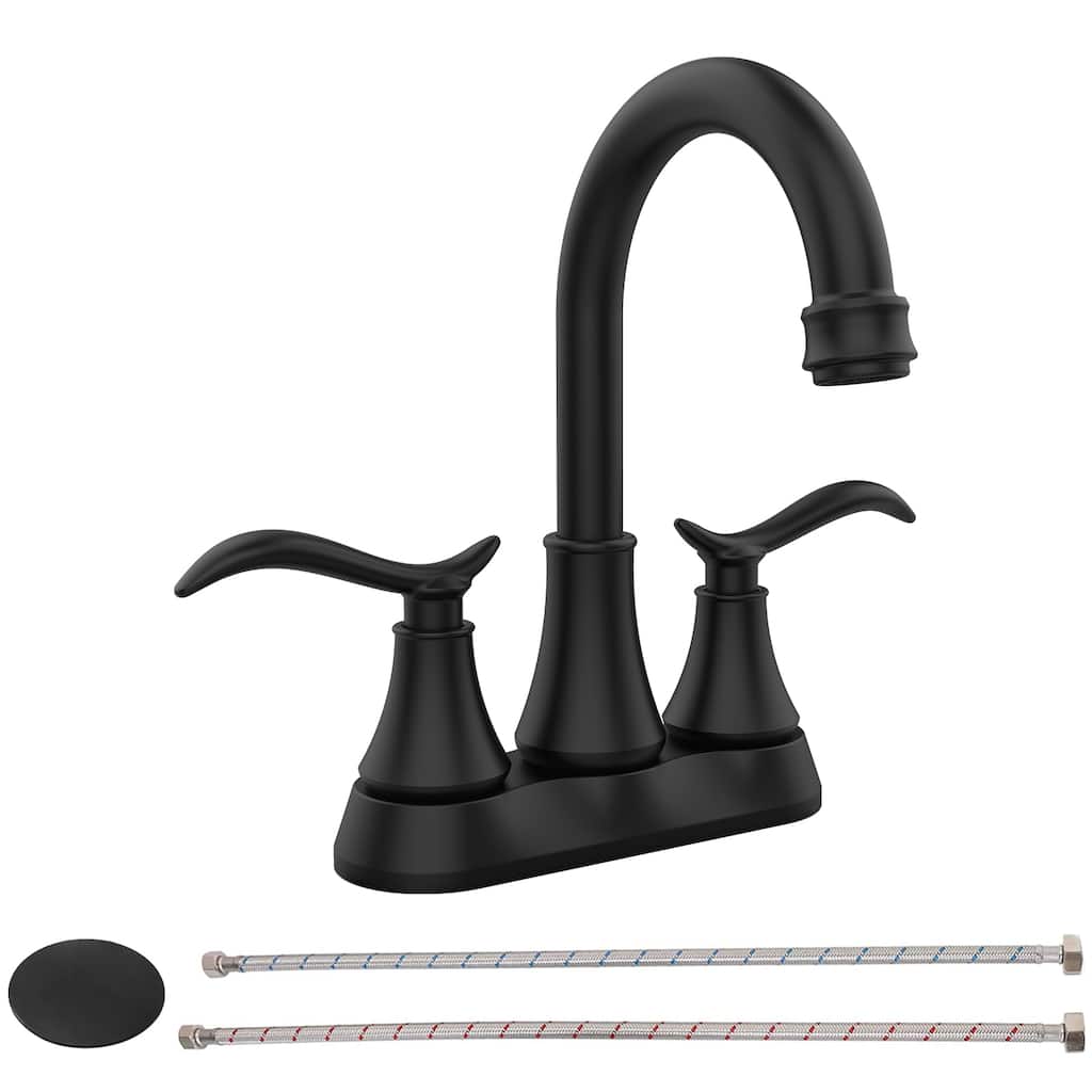 Bathroom Faucet with Pop-up Drain & Supply Hoses 2-Handle 360 Degree High Arc Swivel Spout Centerset 4 Inch Vanity Sink Faucet