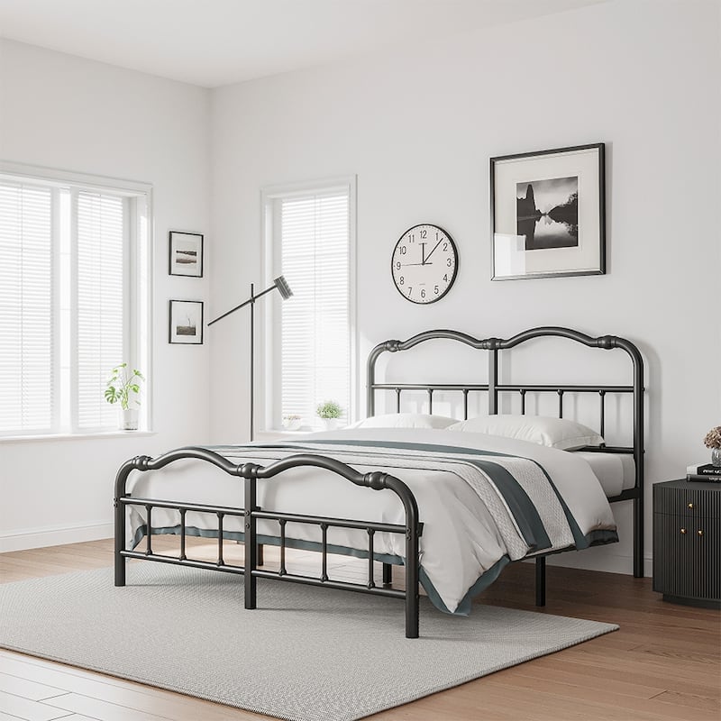 Heavy Duty Anti-Sway 18 Inch High Steel Tube Iron Bed, Double Wave Headboard And Footboard