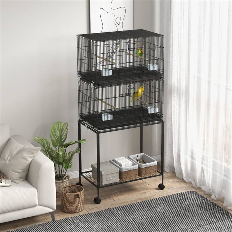Deluxe Black Steel Bird Cage with Stand, Wheels & Accessories Ideal for Small Parrots - 30.25" L x 17.75" W x 64.5" H
