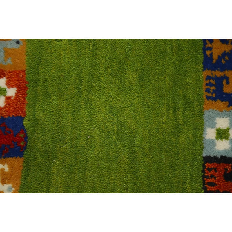 Hand Knotted Oriental 100% Wool Carpet Tribal Animal Pictorial Green Gabbeh Area Rug - 1' 4'' X 1' 4''