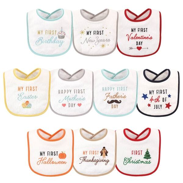 slide 1 of 1, Hudson Baby Infant Cotton Terry Drooler Bibs with Fiber Filling 10pk, Holiday Birthday, One Size - Holiday Birthday - One Size