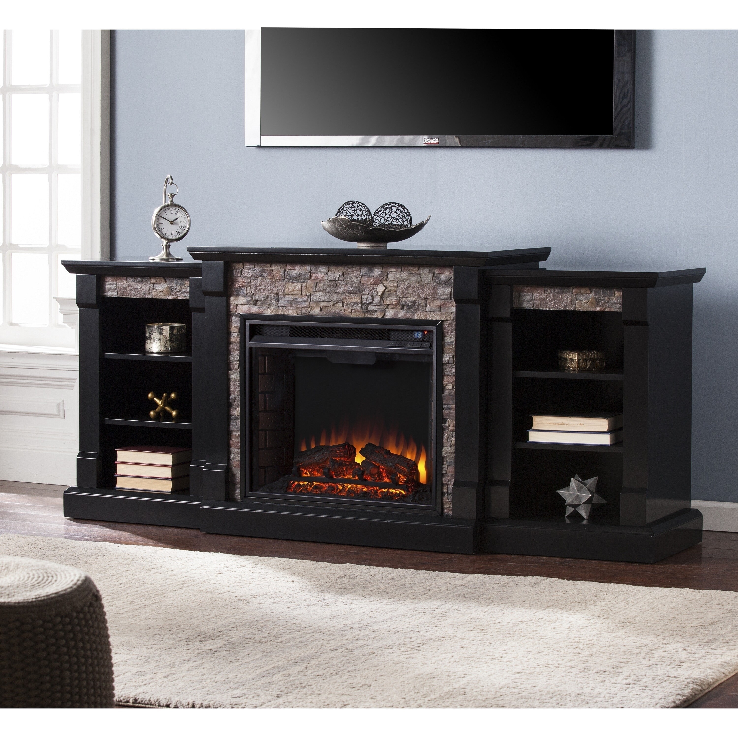 Electric Fireplaces With Stone
 - Copper Grove Hay River Black Electric Fireplace With Bookcases On Sale Overstock 20881965 Brick Accent Firefox