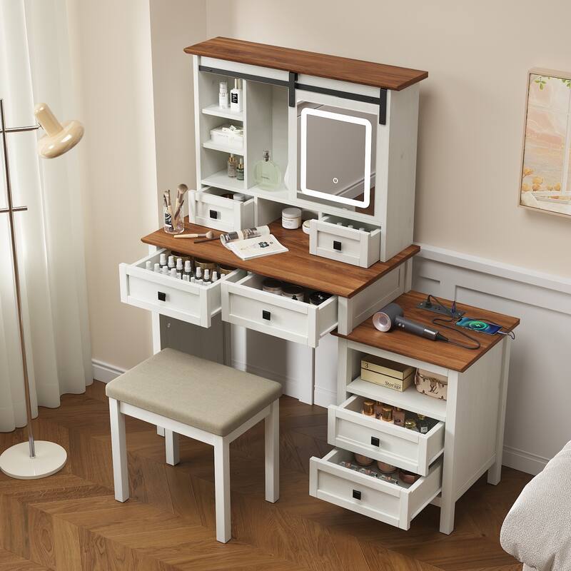 46.5'' Farmhouse Makeup Vanity Desk with Adjustible LED Lighted Mirror and Charging Station for Bedroom