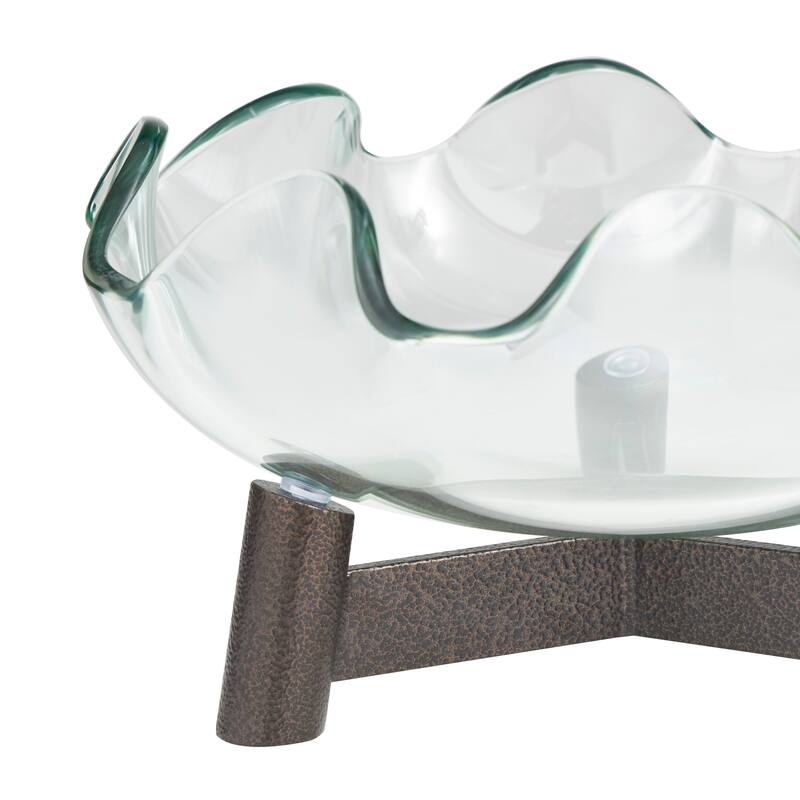 Clear Glass Floral Inspired Serving Bowl with Bronze Hammered Y-Shaped Stand
