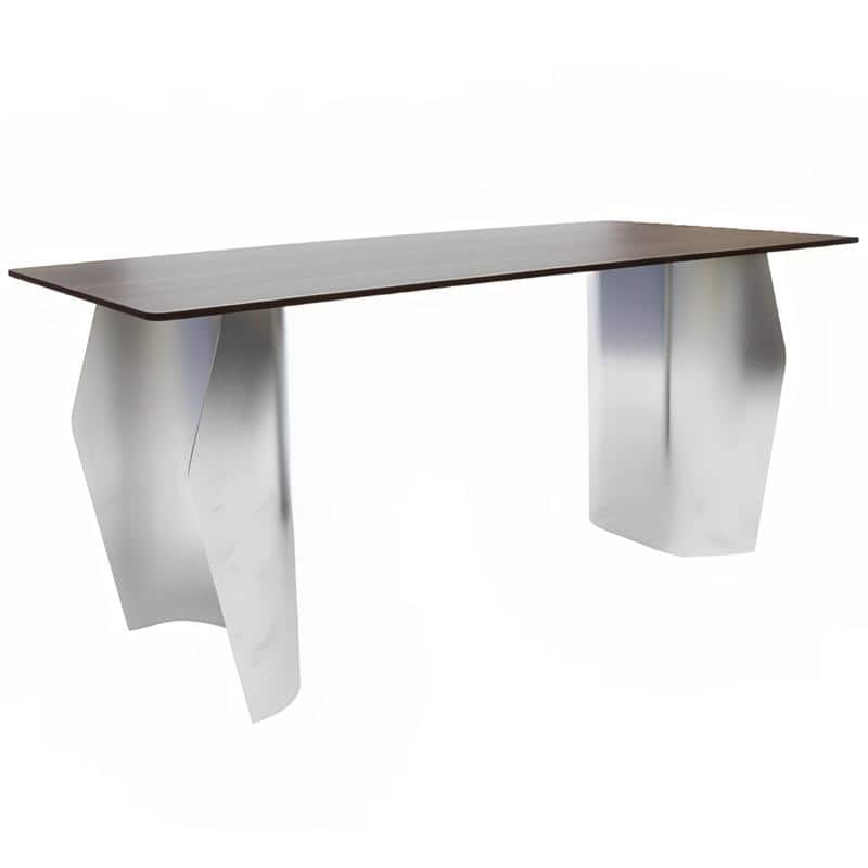 Zelan Mid-Century Modern Sintered Stone Dining Table - Rectangular Kitchen Table with Semi-Circular Steel Legs - 62 Inches - Red Oak