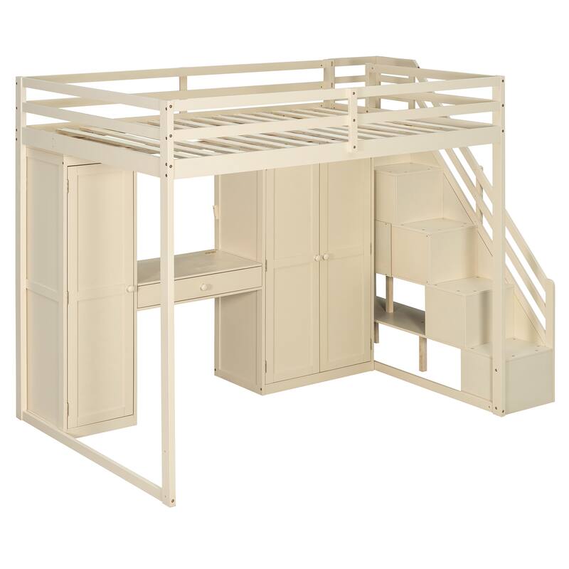 Full Size Loft Bed with Storage Staircase, Built-in Dressing Table, Mirror & Wardrobe - USB Charging & Lights
