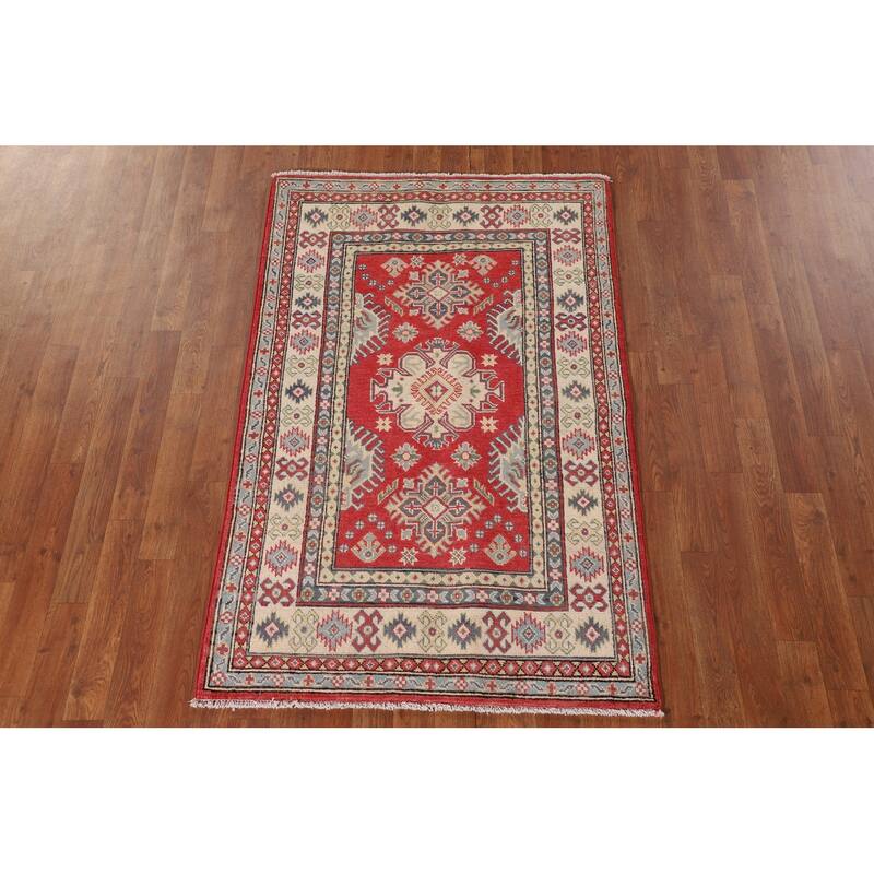 Geometric Kazak Accent Rug Handmade Red Wool Carpet - 3'2"x 5'0"