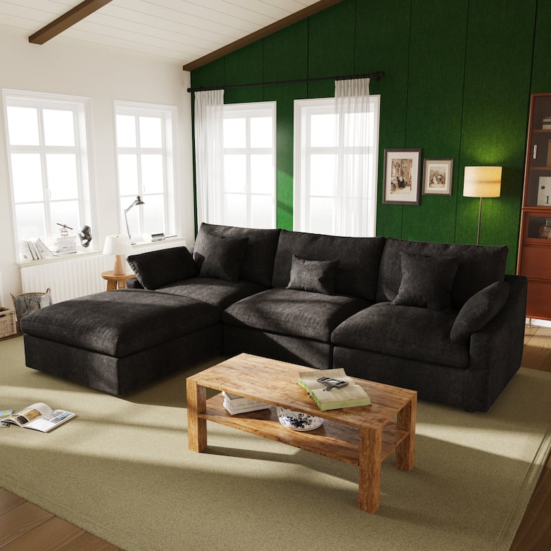 119'' L-shape Linen Fabric Upholstered Sectional Sofas with Ottoman - Black