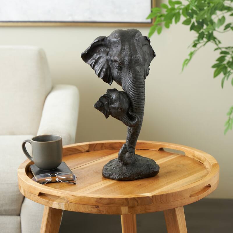 Black Polystone Mom and Baby Elephant Decorative Sculpture - Black
