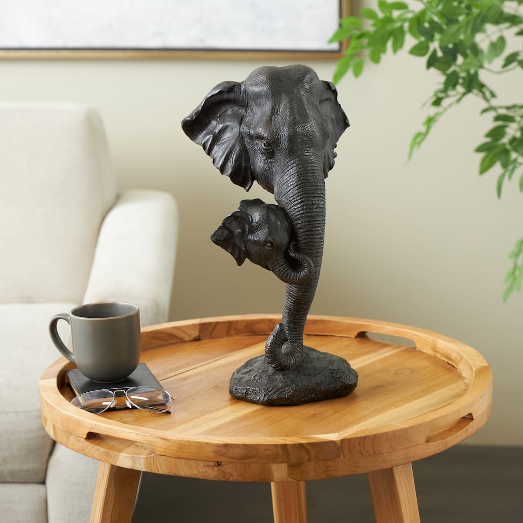 Black Polystone Mom and Baby Elephant Decorative Sculpture
