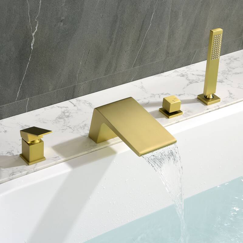 Waterfall Tub Faucet With Hand Shower Deck Mount Tub Filler With Sprayer Modern Bathtub Faucets Set With Diverter And Valve