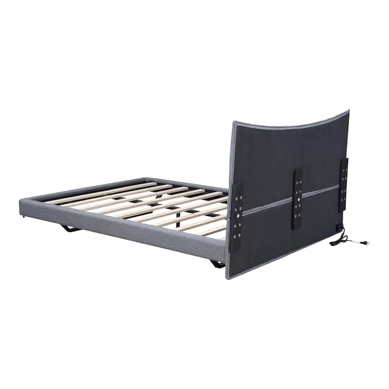 HomeRoots Gray Tufted Upholstered Full Bed Frame With LED Lighting And USB