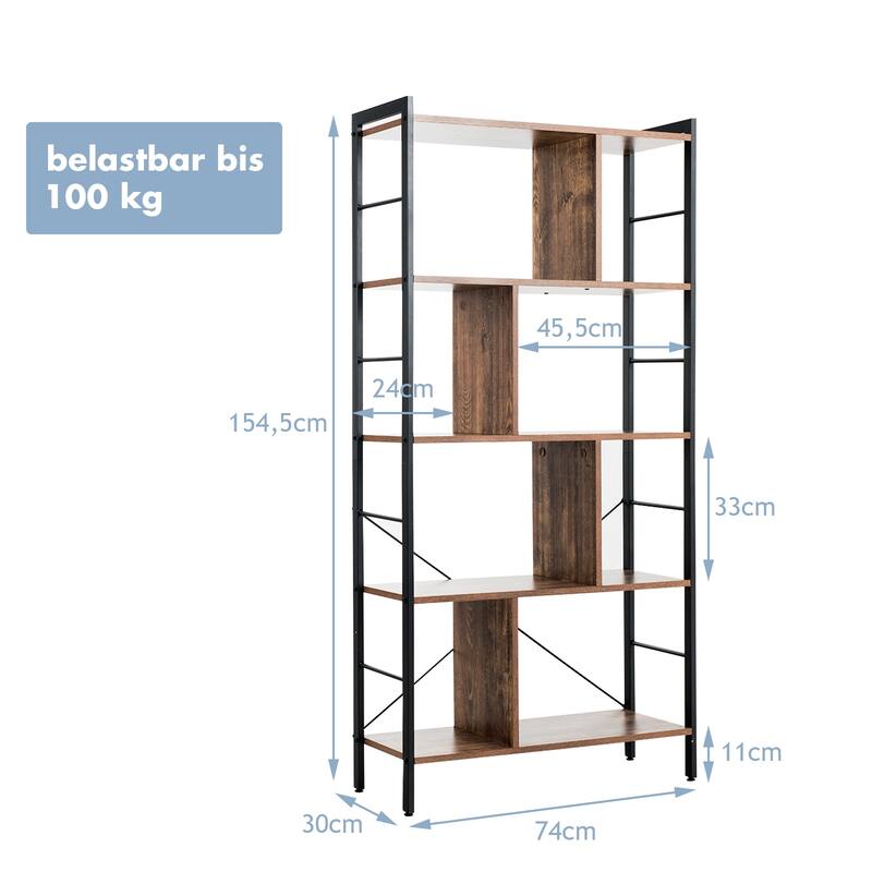 Modern Industrial 4-Tier Bookcase with Sturdy Metal Frame and Dividers - 29" x 12" x 61"