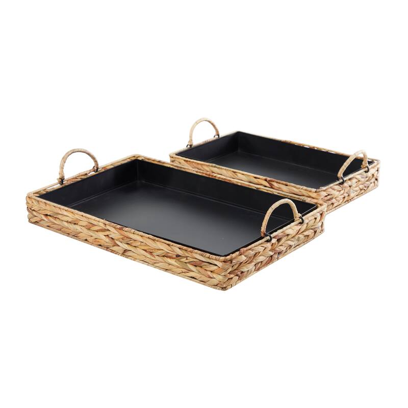 Light Brown Seagrass Handmade Nesting Living Room Decor Tray with Black Wood Interiors (Set of 2) - 20", 16"W