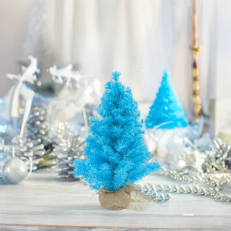 17.5" Cerulean Blue Pine Tree in Natural Jute Base Christmas Decor