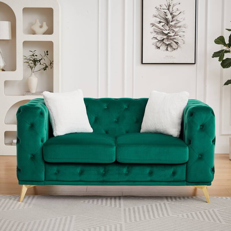 Modern Luxury Velvet Sofa with Chesterfield Quilted Button Accents - Green-61.25''