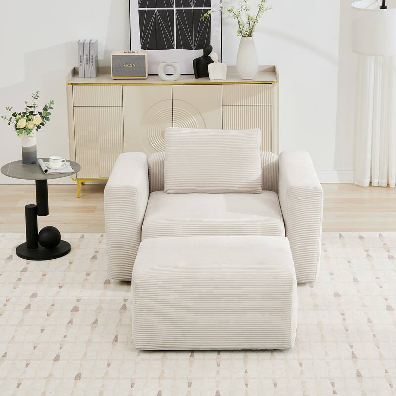 Corduroy Single Sofa Chair with a Large Ottoman, Square Arms & Ottoman Extension