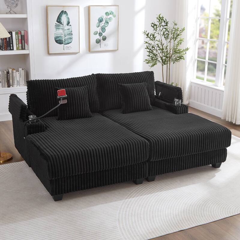 Corduroy Chaise Lounge Sofa Loveseat Sleeper Sofa with Adjustable Backrest, Cup Holders, Phone Holder and Dual Storage Armrest - Black