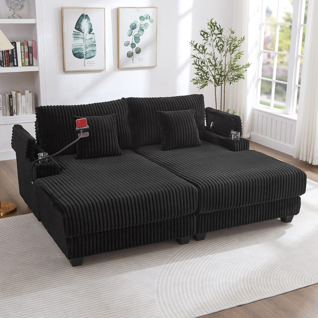 Roomfitters 75 Inch Modern Chaise Lounge Sofa with Adjustable Backrest and Cup Holders, Corduroy