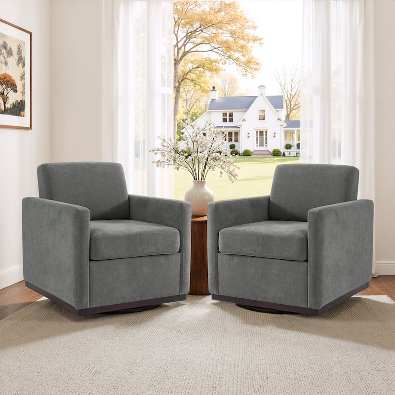 Set of 2 Modern Swivel Accent Armchairs Upholstered Arm Chairs - Chenille - Dark Grey
